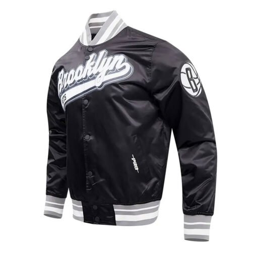 Brooklyn Nets Script Tail Black Satin Jacket - Image 3