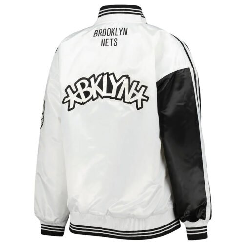 Brooklyn Nets Split Colorblock Black and White Satin Jacket - Image 2