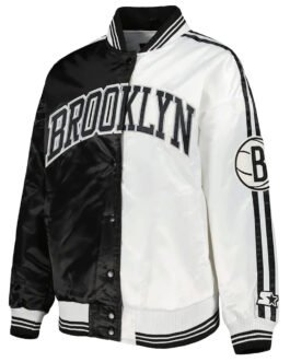 Brooklyn Nets Split Colorblock Black and White Satin Jacket