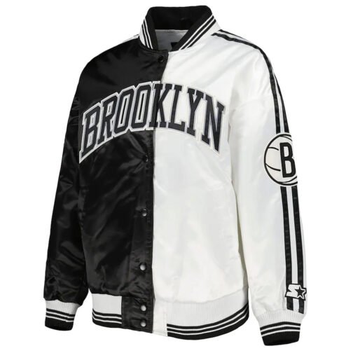 Brooklyn Nets Split Colorblock Black and White Satin Jacket