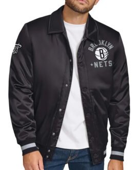 Brooklyn Nets Stitch Applique Black Satin Jacket