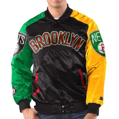Ty Mopkins Brooklyn Nets Varsity Satin Black/Red Jacket - Image 4