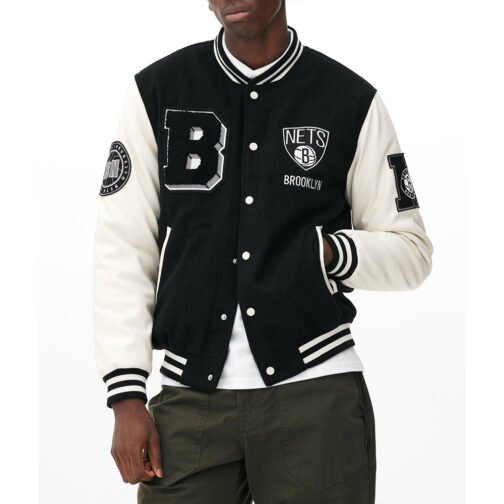 Brooklyn Nets Varsity Black and Off White Jacket - Image 2
