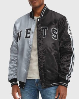 Brooklyn Nets Varsity Satin Gray and Black Jacket