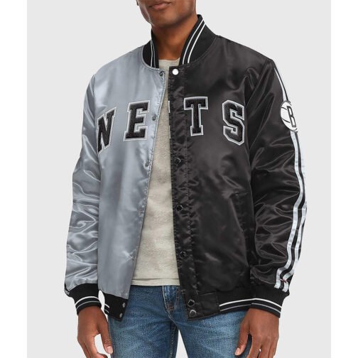 Brooklyn Nets Varsity Satin Gray and Black Jacket
