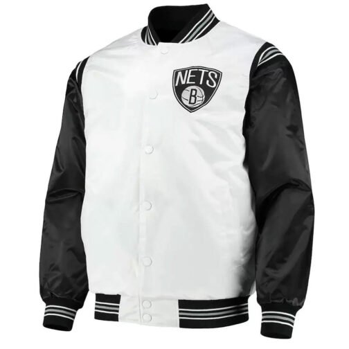 Brooklyn Nets White and Black Varsity Satin Jacket