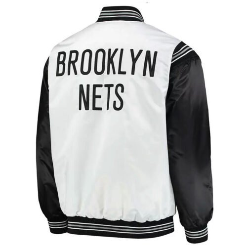 Brooklyn Nets White and Black Varsity Satin Jacket - Image 2