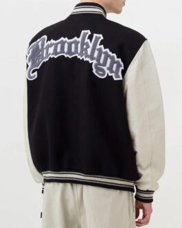 Brooklyn Nets 12 Letterman Black Wool and Leather Jacket