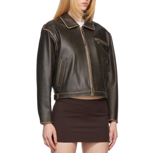 Women’s Brown Classic Biker Leather Jacket - Image 3