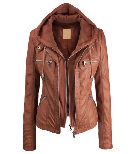 Women’s Zip Up Brown Faux Leather Jacket with Hood