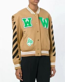 Off White Black Striped Brown Varsity Jacket