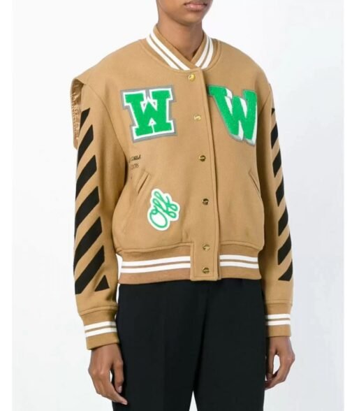 Off White Black Striped Brown Varsity Jacket