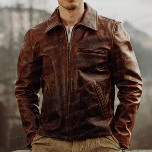 Men’s Street Wear Shirt Collar Brown Vintage Leather Jacket - Image 8