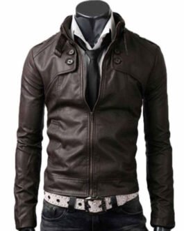 Men’s Belted Buckle Collar Slim Fit Dark Brown Jacket