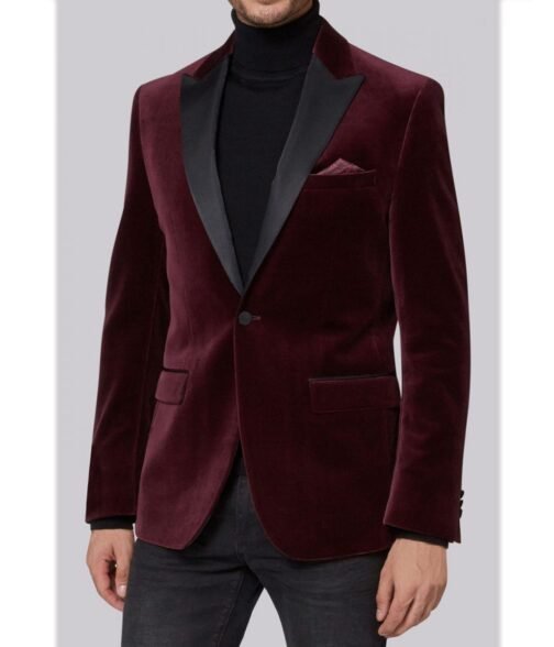 Occasion Velvet Burgundy Jacket with Black Satin Peak Lapels