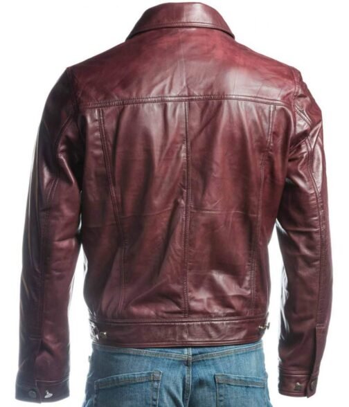 Burgundy Trucker Leather Jacket - Image 2
