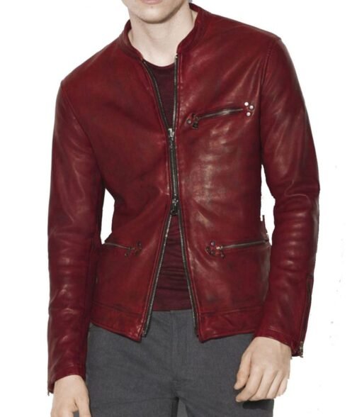 Men’s Casual Red Burnished Dual Zipper Jacket