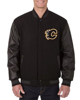 Calgary Flames Varsity Black Wool & Leather Jacket