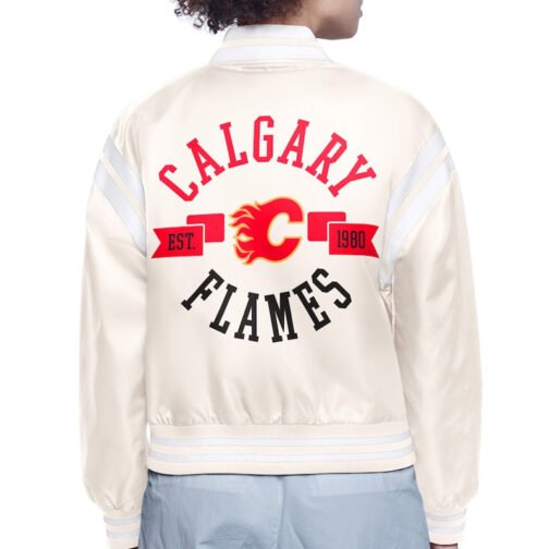 Calgary Flames Printed Logo Varsity Satin Jacket - Image 4