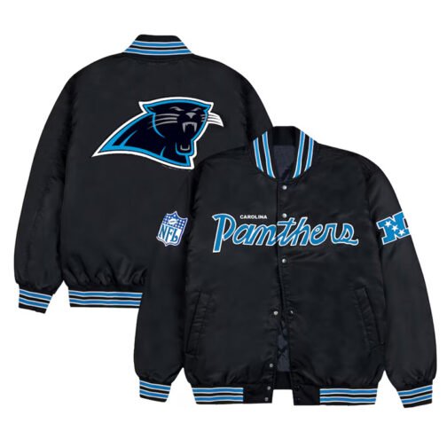 Carolina Panthers Blue Rib Bomber Black Satin Jacket - Image 3