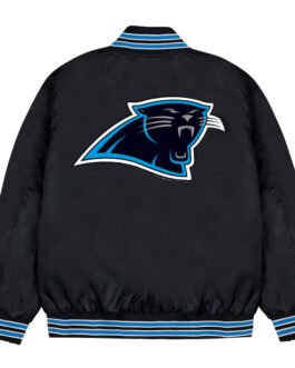 Carolina Panthers Blue Rib Bomber Black Satin Jacket