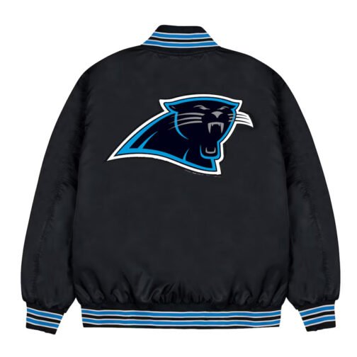 Carolina Panthers Blue Rib Bomber Black Satin Jacket - Image 2