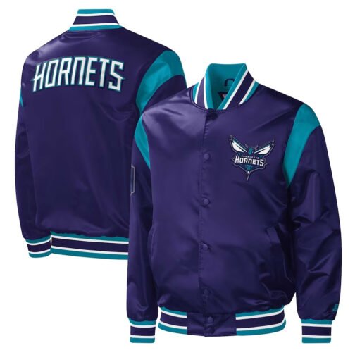 Charlotte Hornets Force Play Purple Varsity Satin Jacket - Image 3