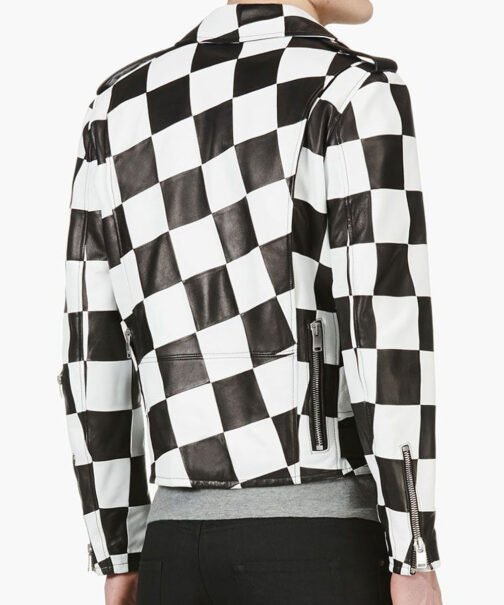 Men’s Biker Asymmetrical Zipper Checkerboard Leather Jacket - Image 3