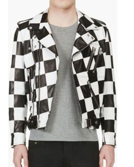 Men’s Biker Asymmetrical Zipper Checkerboard Leather Jacket