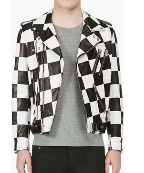 Men’s Biker Asymmetrical Zipper Checkerboard Leather Jacket