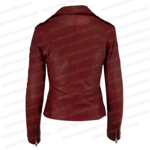 Chesapeake Shores Emilie Ullerup Biker Burgundy Leather Jacket - Image 3