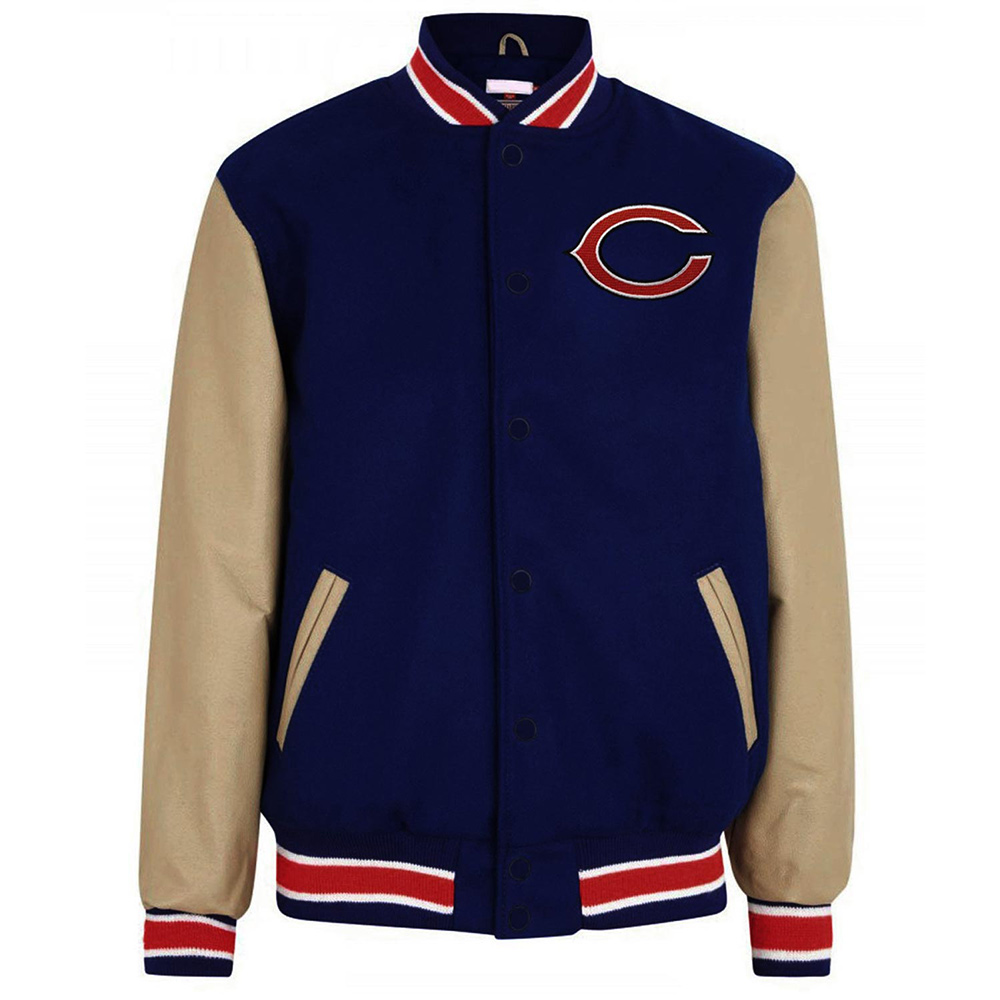 Chicago Bears Navy Blue and Off White Letterman Jacket - Image 3