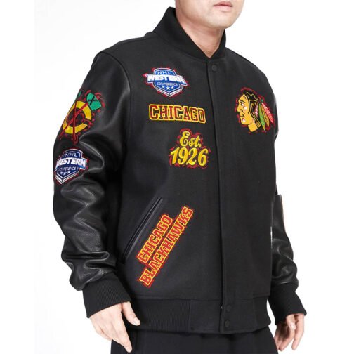 Chicago Blackhawks Animal Patches Black Varsity Jacket - Image 3