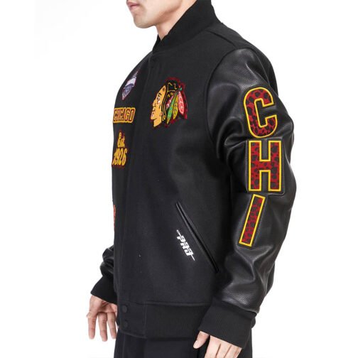 Chicago Blackhawks Animal Patches Black Varsity Jacket - Image 4