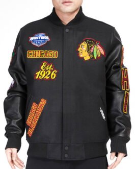 Chicago Blackhawks Animal Patches Black Varsity Jacket