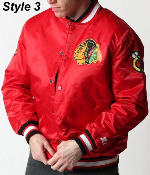 Chicago Blackhawks Red and Black Satin Varsity Jacket - Image 9