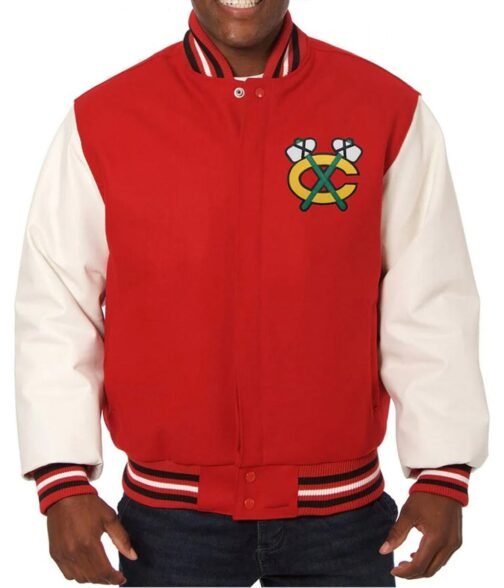 Varsity Chicago Blackhawks Red and White Two Tone Jacket