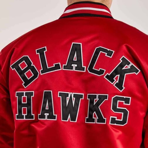 Chicago Blackhawks Throwback Red Varsity Satin Jacket - Image 3