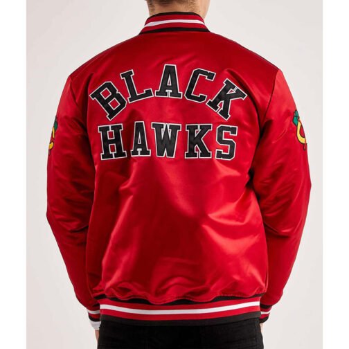 Chicago Blackhawks Throwback Red Varsity Satin Jacket - Image 2