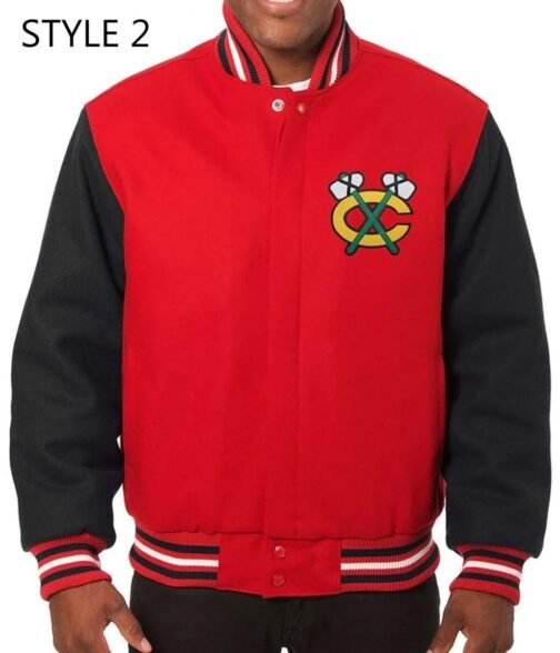 Chicago Blackhawks Red and Black  Two Tone Wool Varsity Jacket - Image 2