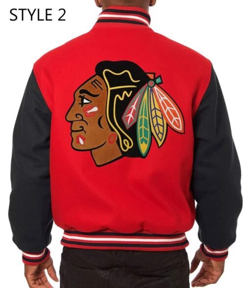 Chicago Blackhawks Red and Black  Two Tone Wool Varsity Jacket - Image 4
