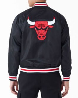 Chicago Bulls Applique Black Bomber Satin Jacket