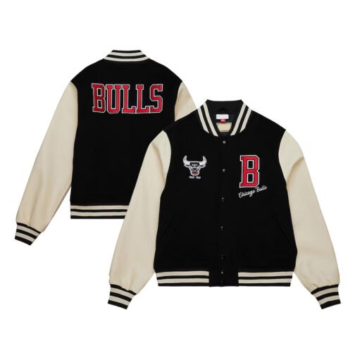 Chicago Bulls Classics Black and Off White Varsity Jacket - Image 3