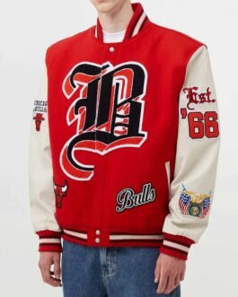 Chicago Bulls Red Wool and White Leather Varsity Letterman Jacket