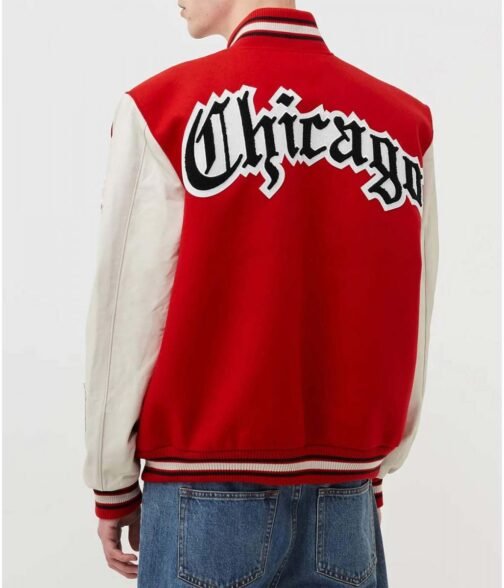 Chicago Bulls Red Wool and White Leather Varsity Letterman Jacket - Image 2