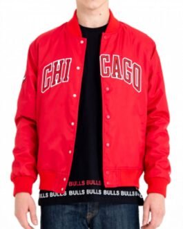 Chicago Bomber Wordmark Red Satin Jacket