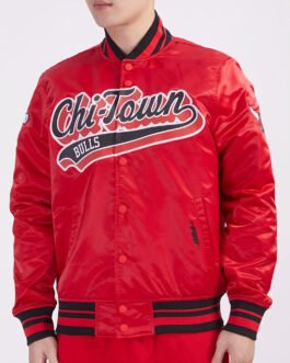 Chicago Bulls Script Tail Red Satin Jacket