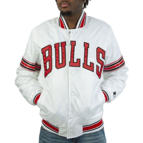 Striped Chicago Bulls White Satin Jacket
