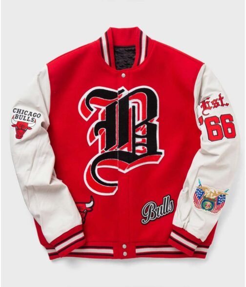 Chicago Bulls Red Wool and White Leather Varsity Letterman Jacket - Image 3