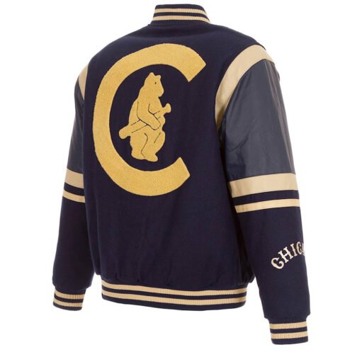 Chicago Cubs Embroidered Logo Varsity Navy Wool & Leather Jacket - Image 2